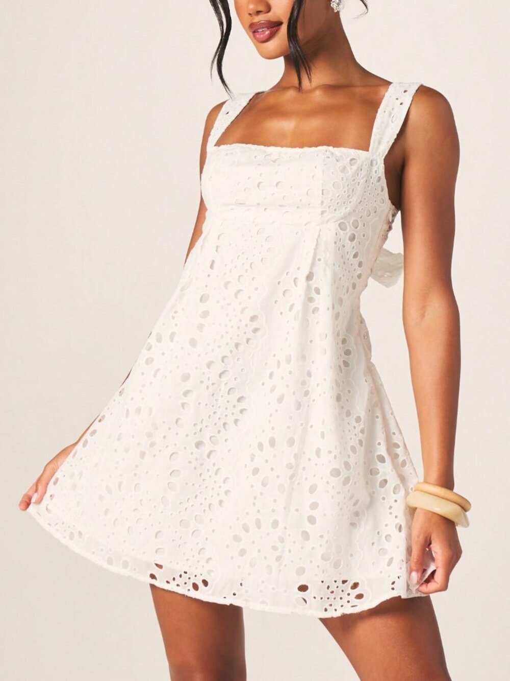 White Elegant Women's Embroidered Eyelet Mini Dress with Tie-Back Square Neck